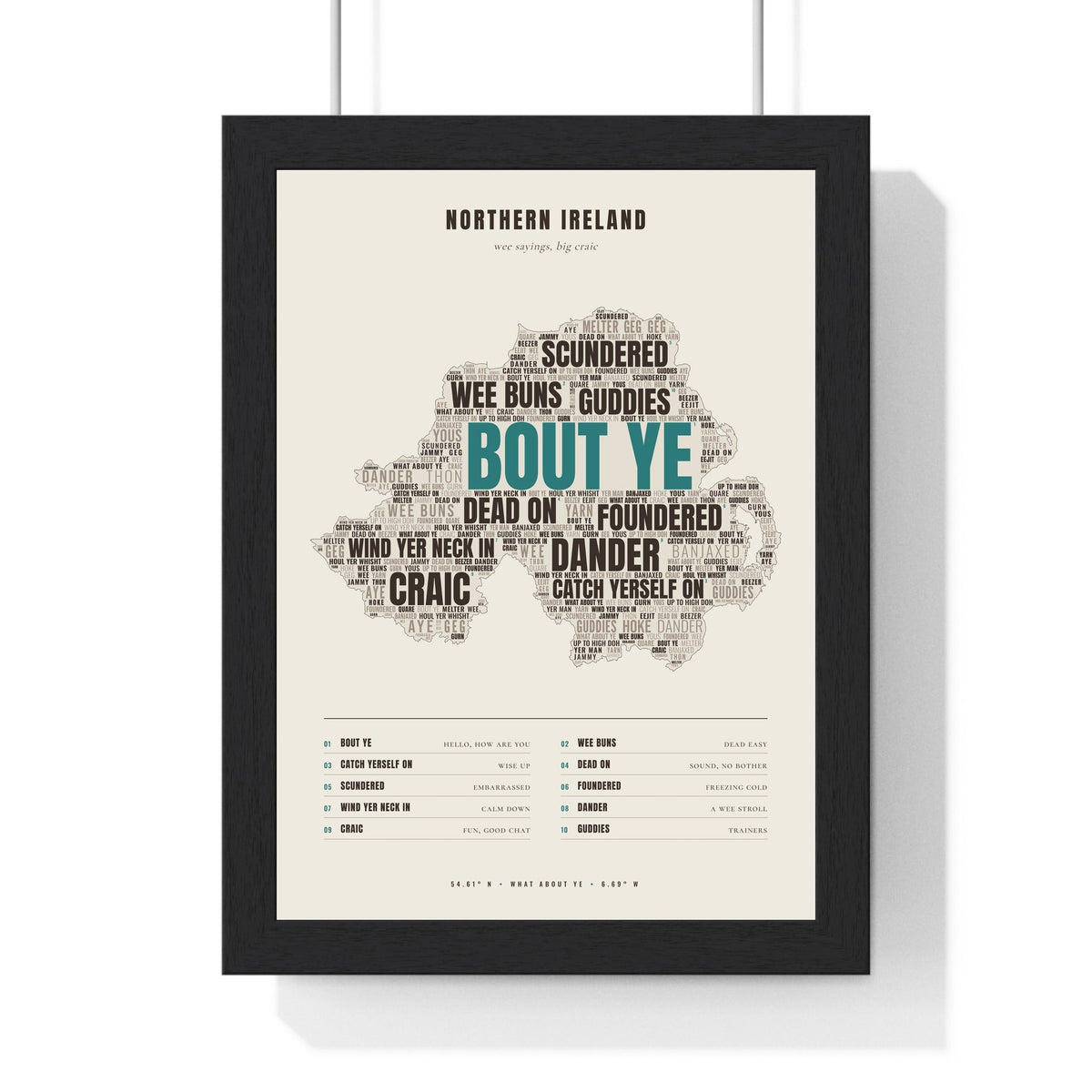 Northern Irish Sayings Word Map in a black frame, one of the three prints in the Northern Irish set