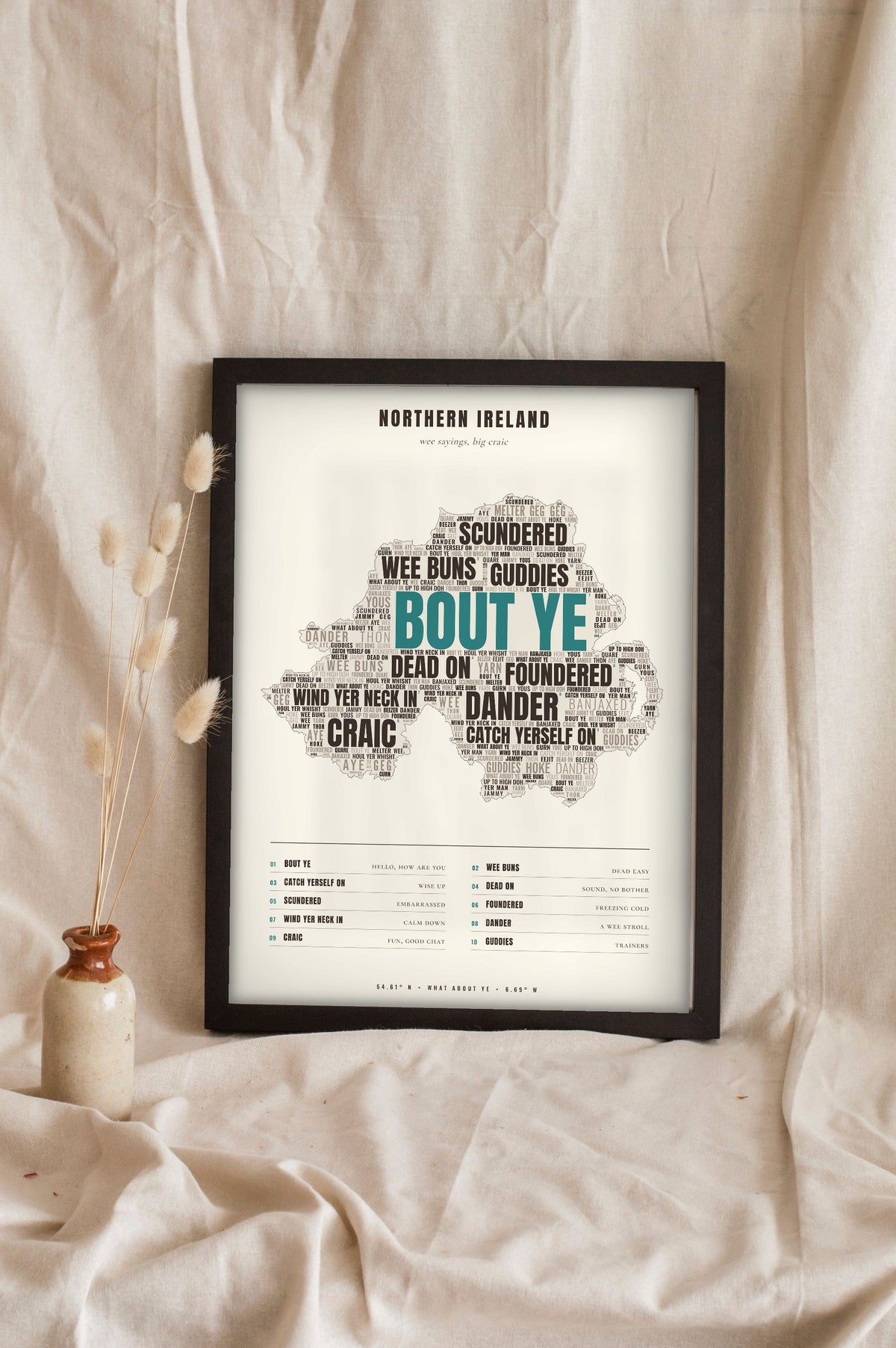 Northern Irish Sayings Print in a black frame propped up on linen