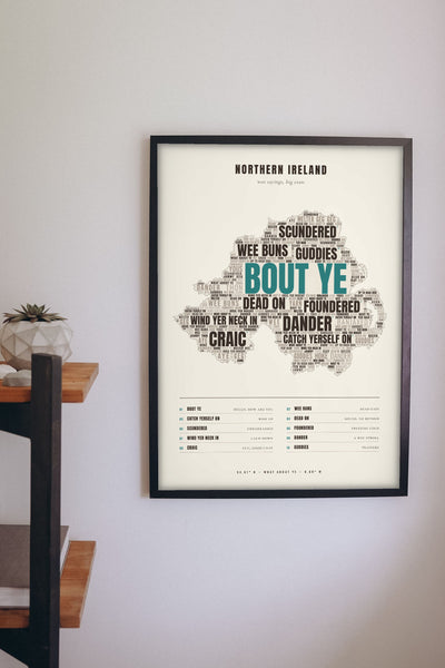 Northern Irish Sayings Print framed on a wall