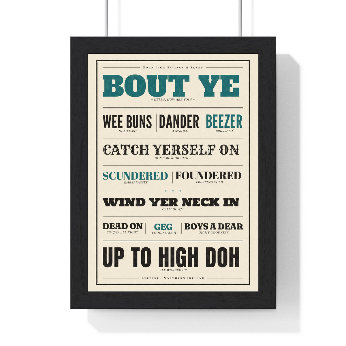 Northern Irish Slang Print in a black frame