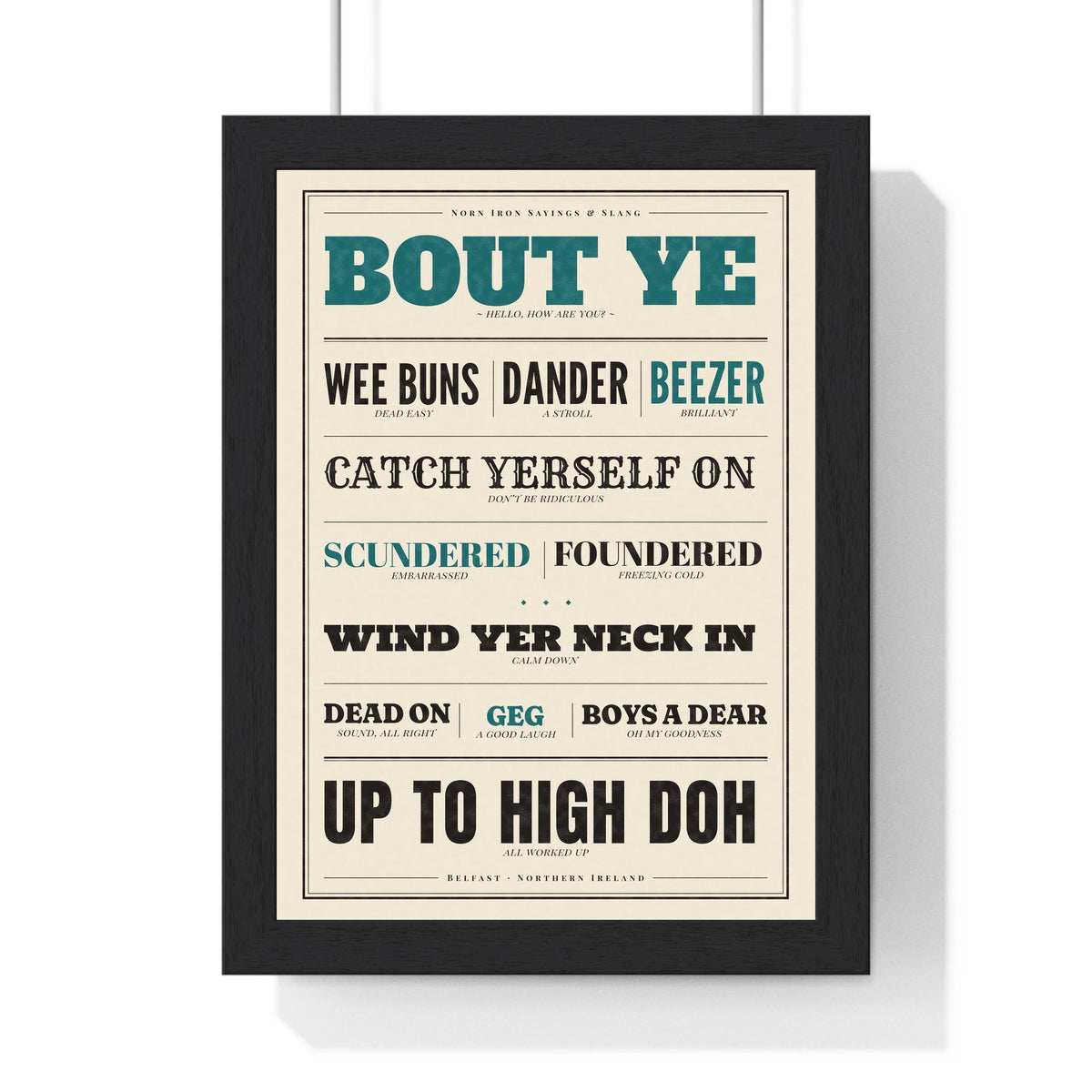Northern Irish Slang Letterpress Print in a black frame, one of the three prints in the Northern Irish set