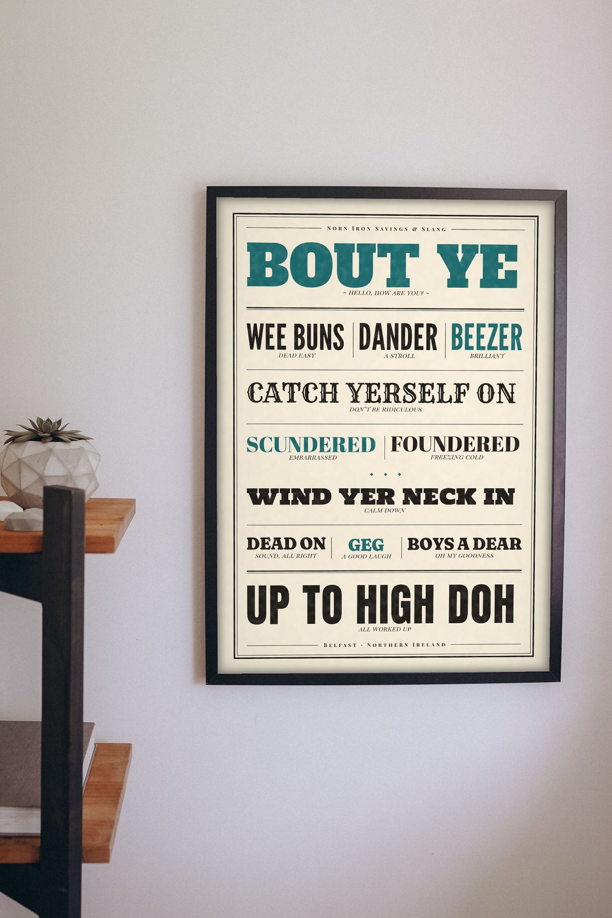 Northern Irish Slang Print framed on a wall