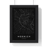 Norwich street map poster in black, minimal city map print framed in a black frame