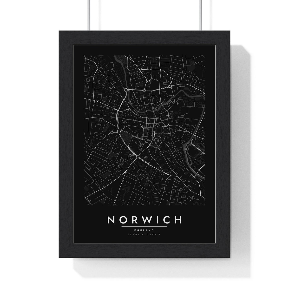 Norwich street map poster in black, minimal city map print framed in a black frame