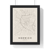 Norwich street map poster in cream, minimal city map print framed in a black frame