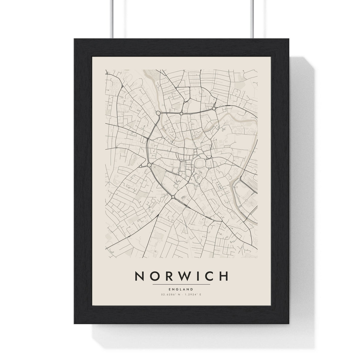 Norwich street map poster in cream, minimal city map print framed in a black frame