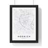 Norwich street map poster in white, minimal city map print framed in a black frame