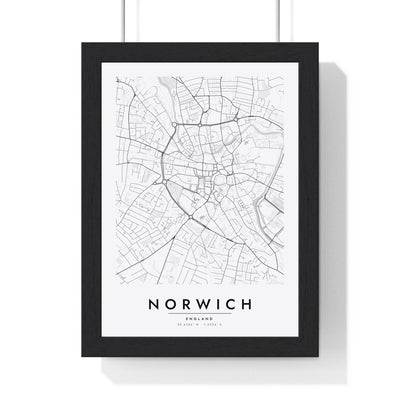 Norwich street map poster in white, minimal city map print framed in a black frame