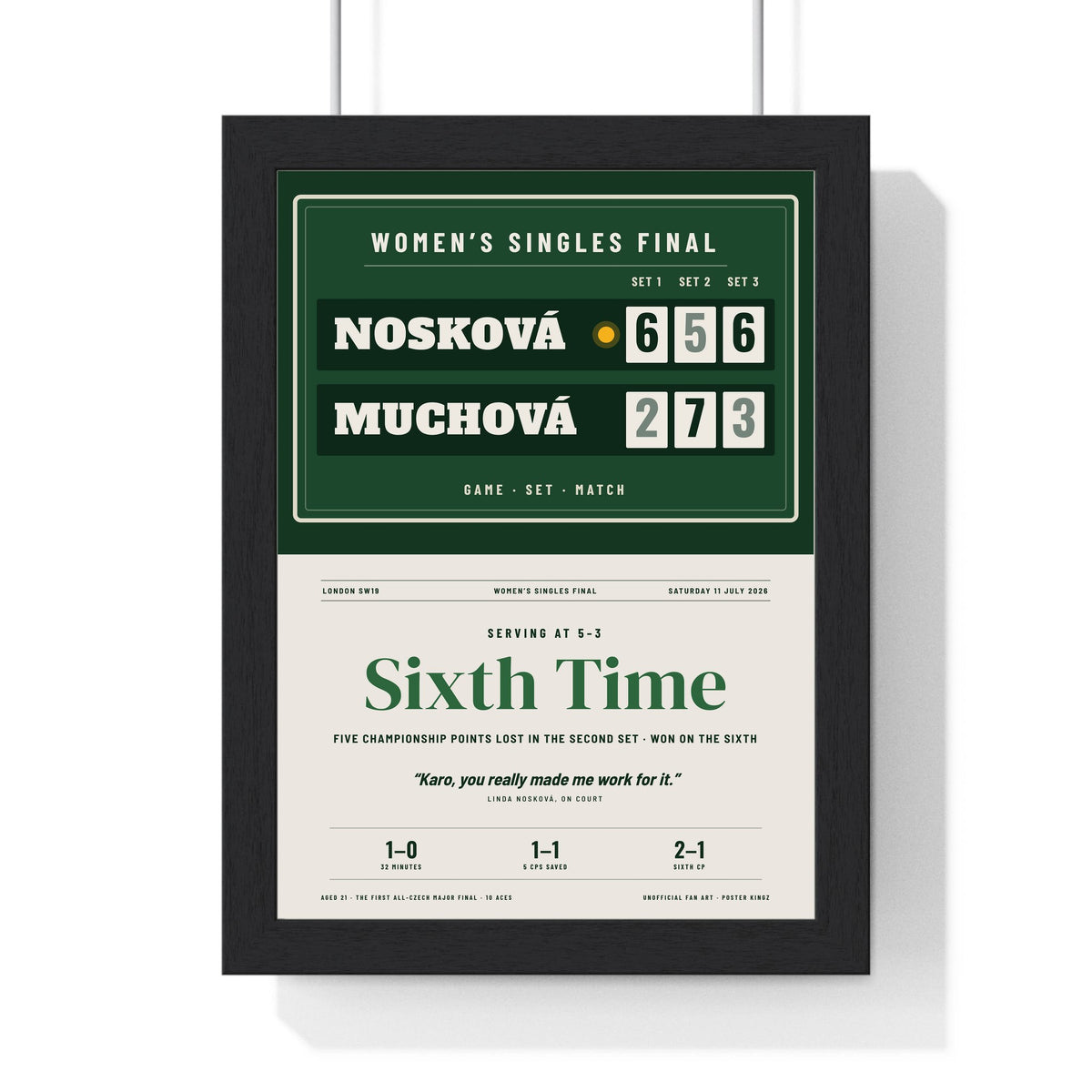 Sixth Time 2026 Tennis print framed in a black frame, ready to hang