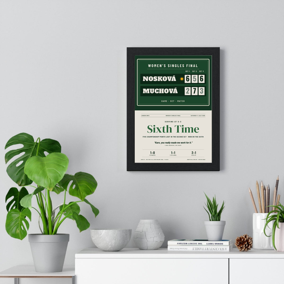 Sixth Time 2026 Tennis print framed on a living room wall