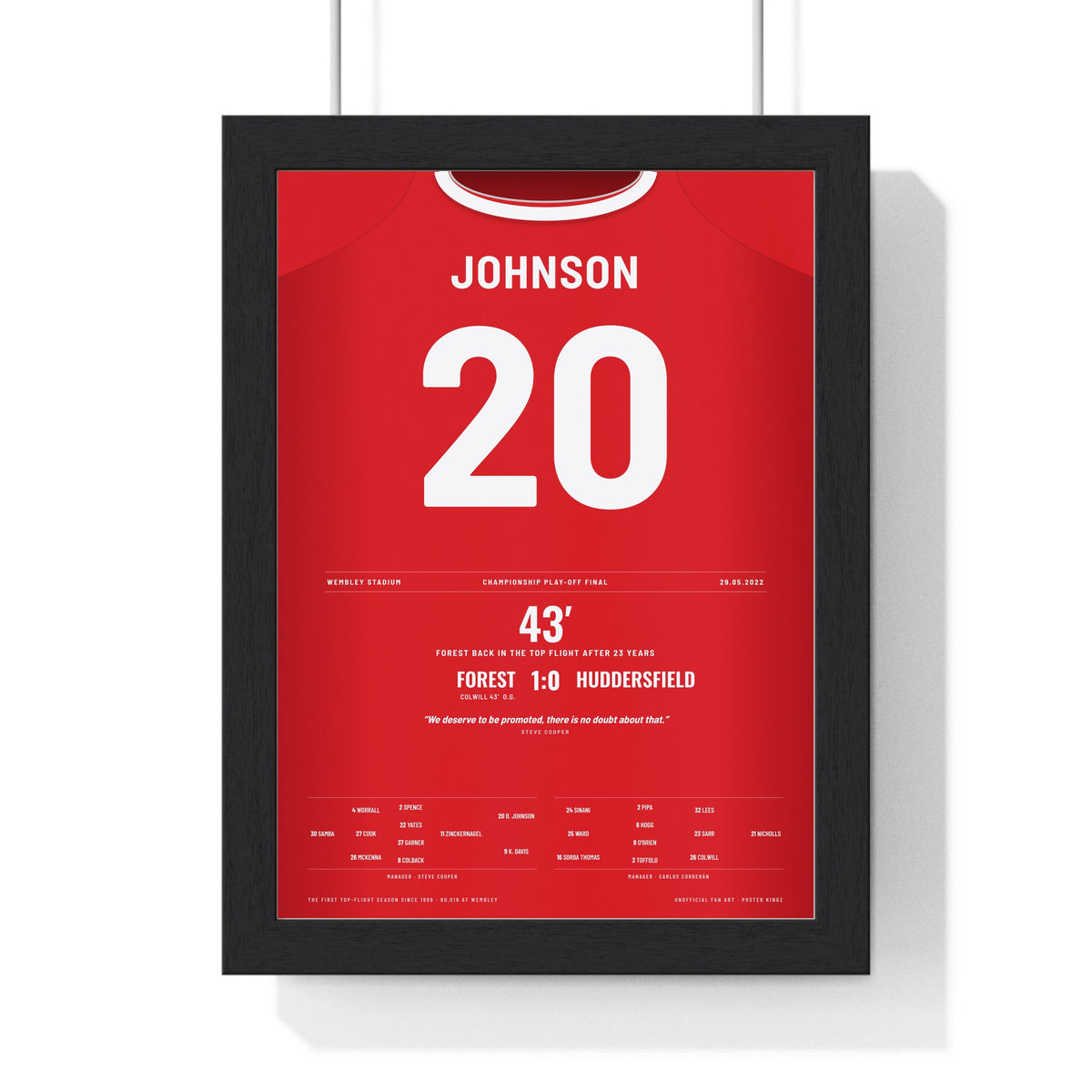 Nottingham Forest Play-Off Final 2022 Poster - Brennan Johnson 20 Wembley framed in a black frame, ready to hang