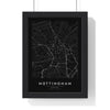 Nottingham street map poster in black, minimal city map print framed in a black frame