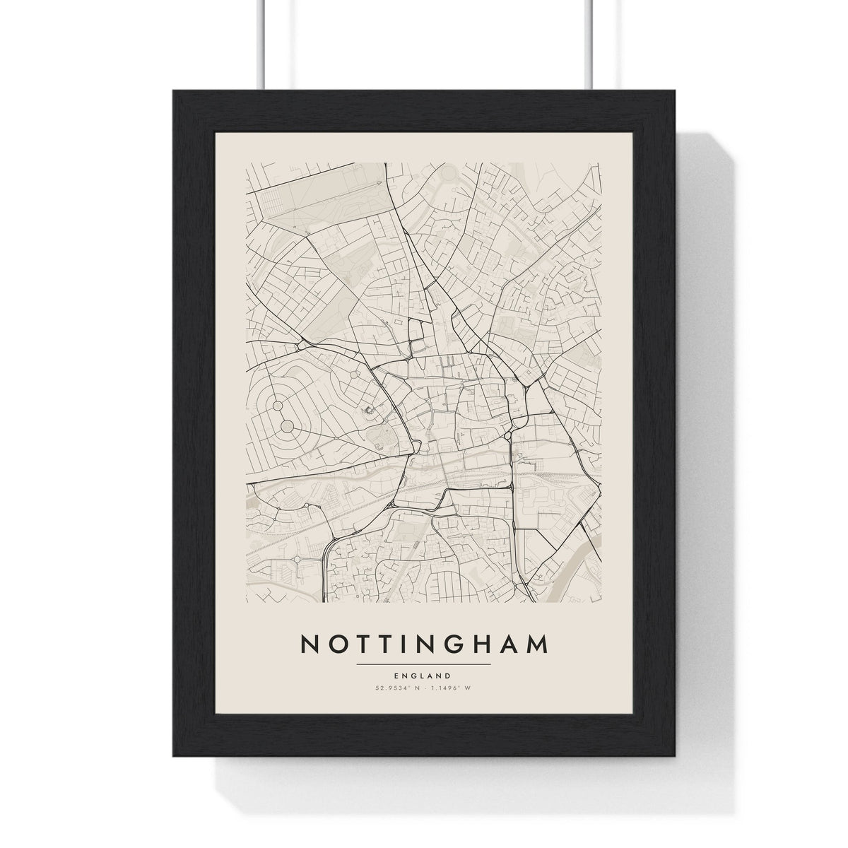 Nottingham street map poster in cream, minimal city map print framed in a black frame