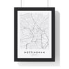 Nottingham street map poster in white, minimal city map print framed in a black frame