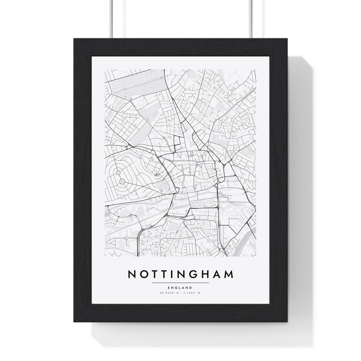 Nottingham street map poster in white, minimal city map print framed in a black frame