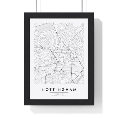 Nottingham street map poster in white, minimal city map print framed in a black frame