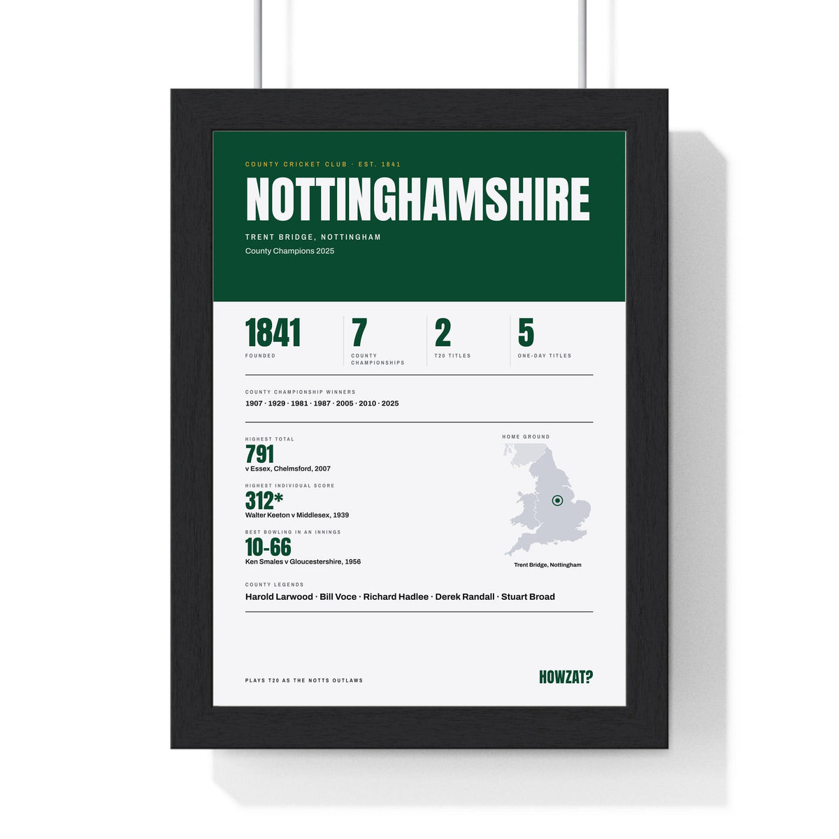 Nottinghamshire Cricket print framed in a black frame, ready to hang