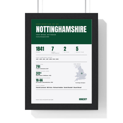 Nottinghamshire Cricket print framed in a black frame, ready to hang
