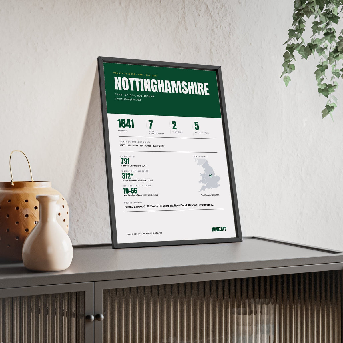 Nottinghamshire Cricket print framed and leaning on a sideboard