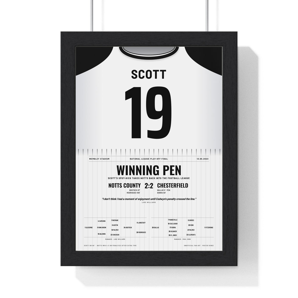 Notts County Play-Off Final 2023 Poster - Cedwyn Scott 19 Wembley Shirt Print framed in a black frame, ready to hang