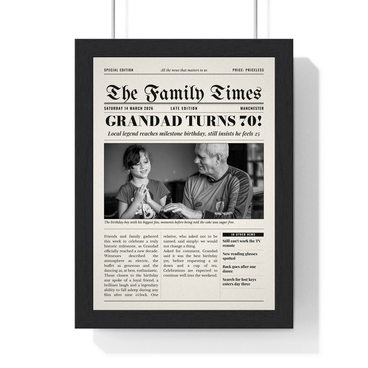 Personalised Newspaper Front Page Print - framed print
