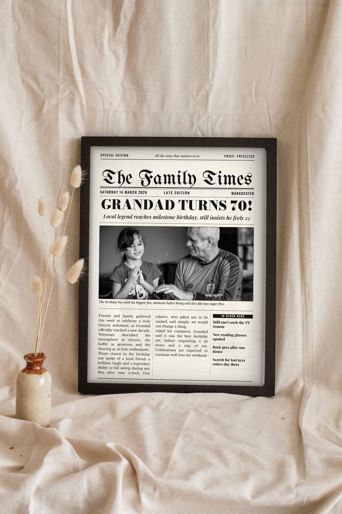 Personalised Newspaper Front Page Print - Lifestyle - leaning in a frame with dried flowers