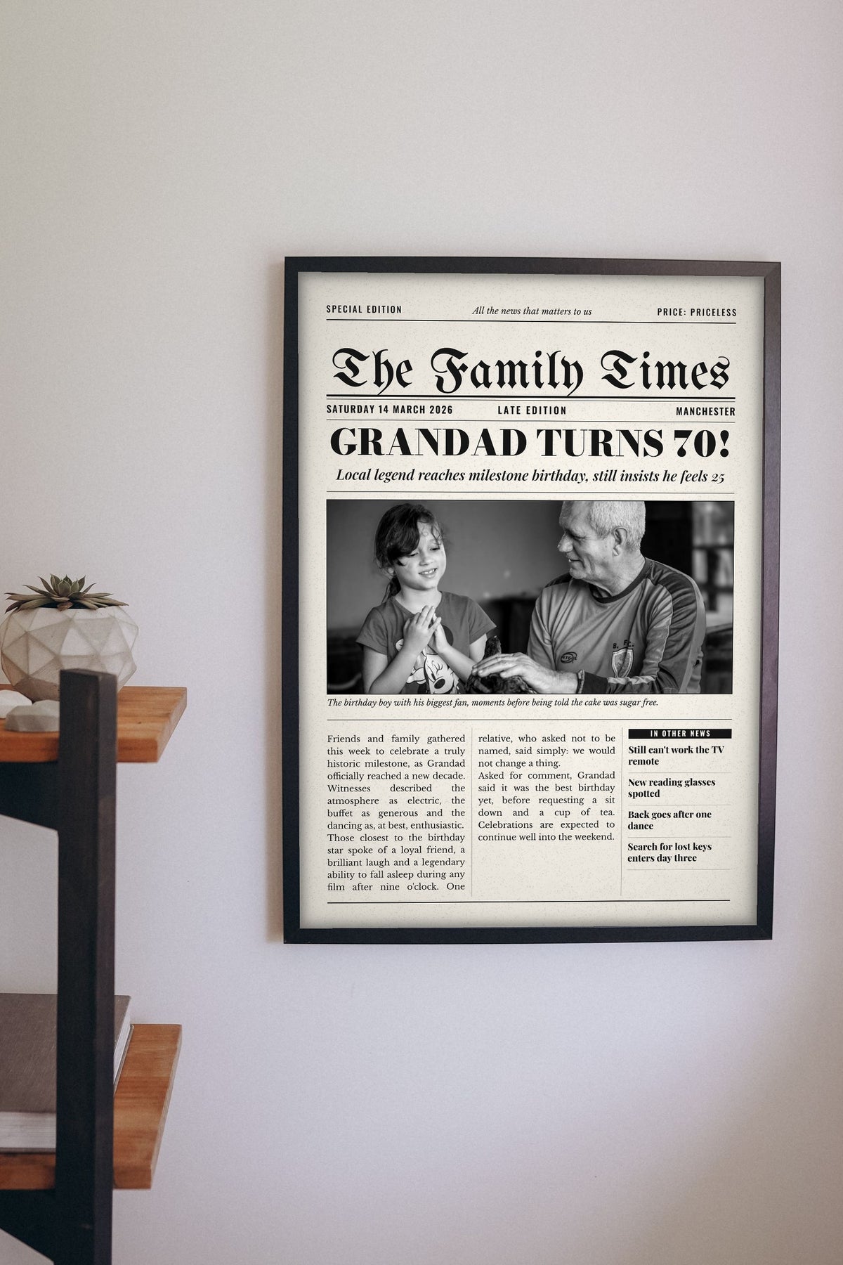 Personalised Newspaper Front Page Print - Lifestyle - hanging on a living room wall