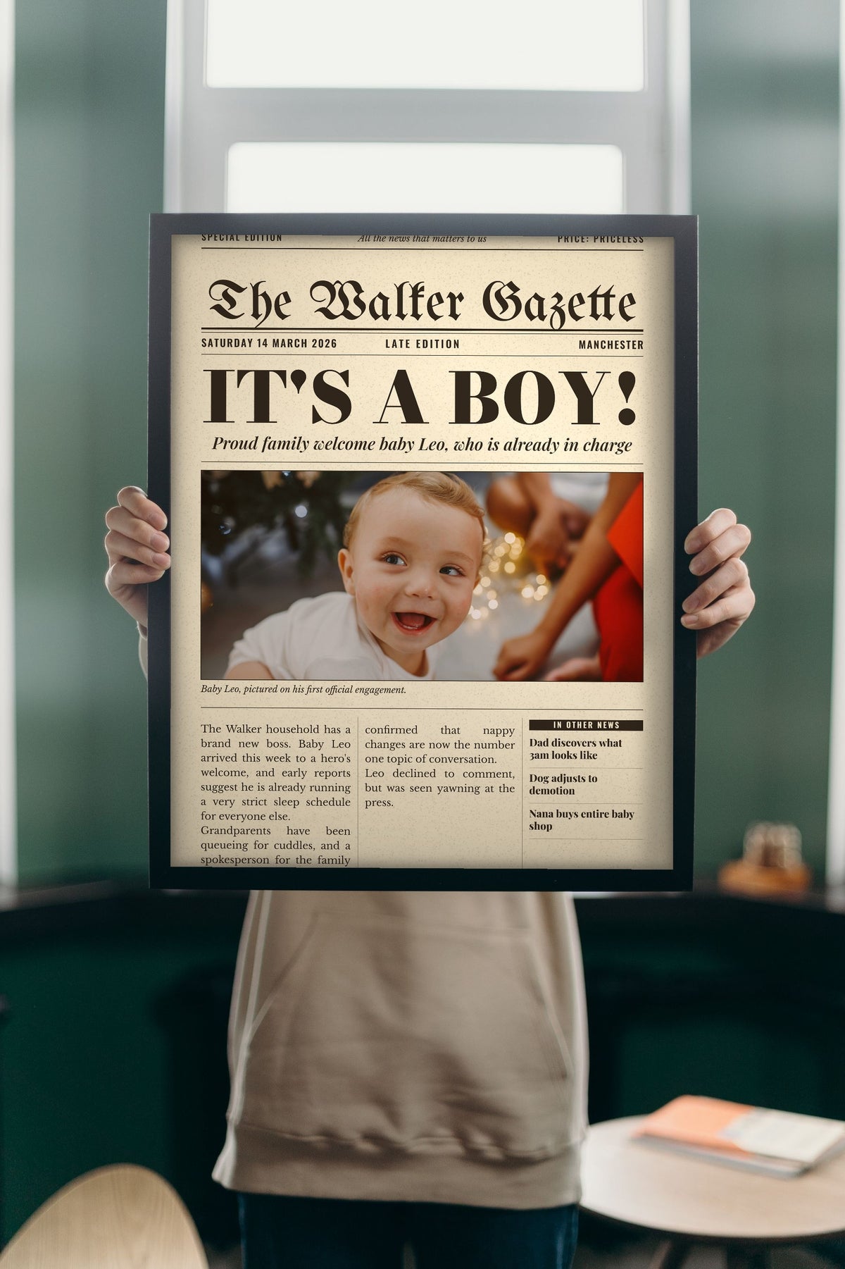 Personalised Newspaper Front Page Print - Lifestyle - held up in a bright room