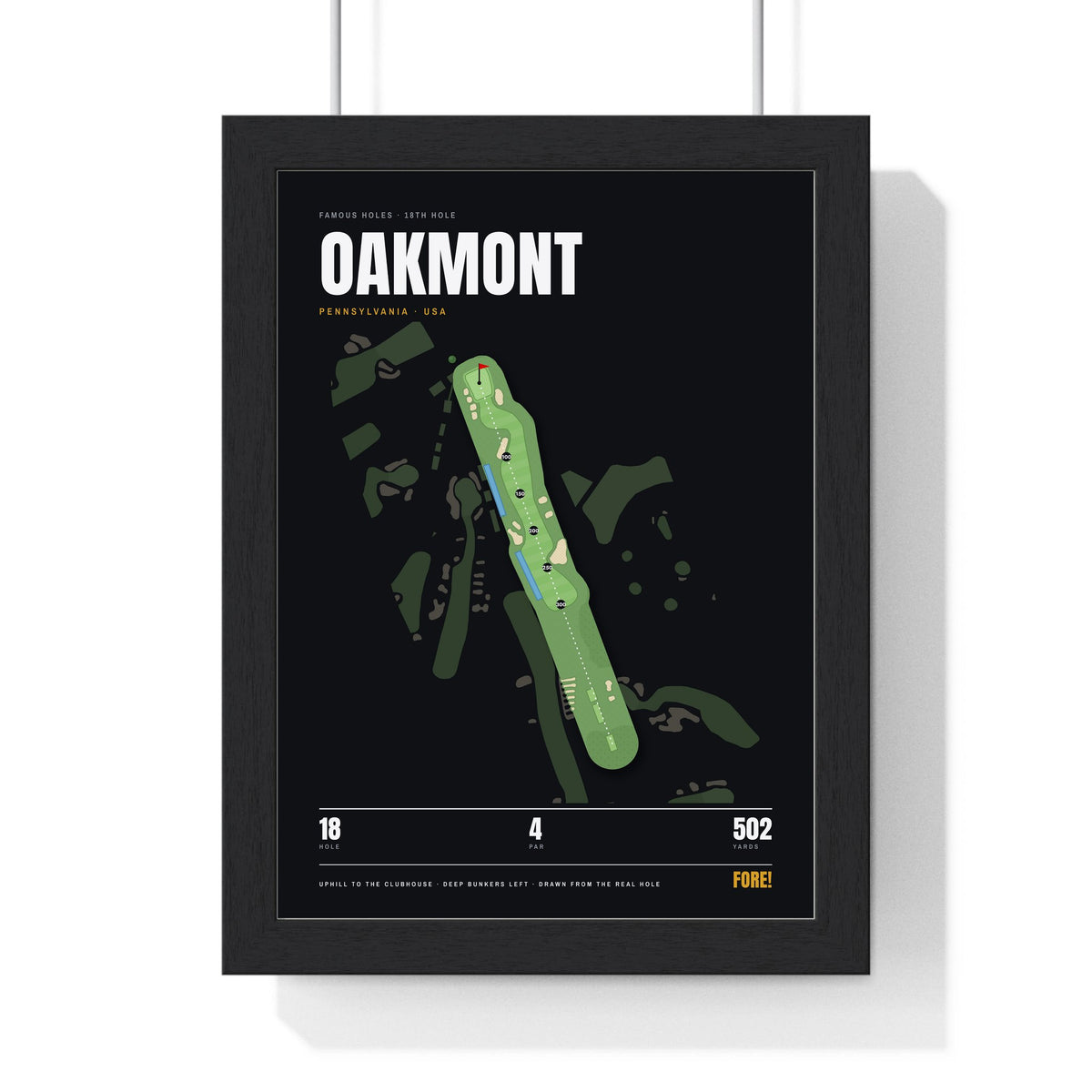 Oakmont 18th Hole print framed in a black frame, ready to hang