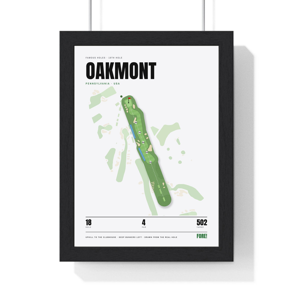 Oakmont 18th Hole White print framed in a black frame, ready to hang