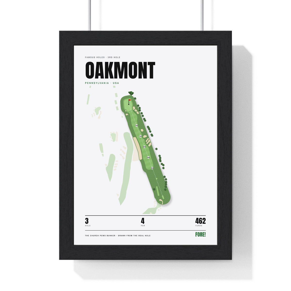 Oakmont 3rd Hole White print framed in a black frame, ready to hang