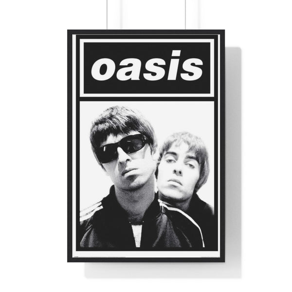 Oasis Logo Black and White band photo maxi poster framed on music room wall