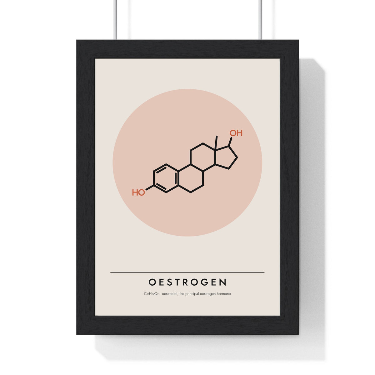 Oestrogen Molecule print framed in a black frame, ready to hang