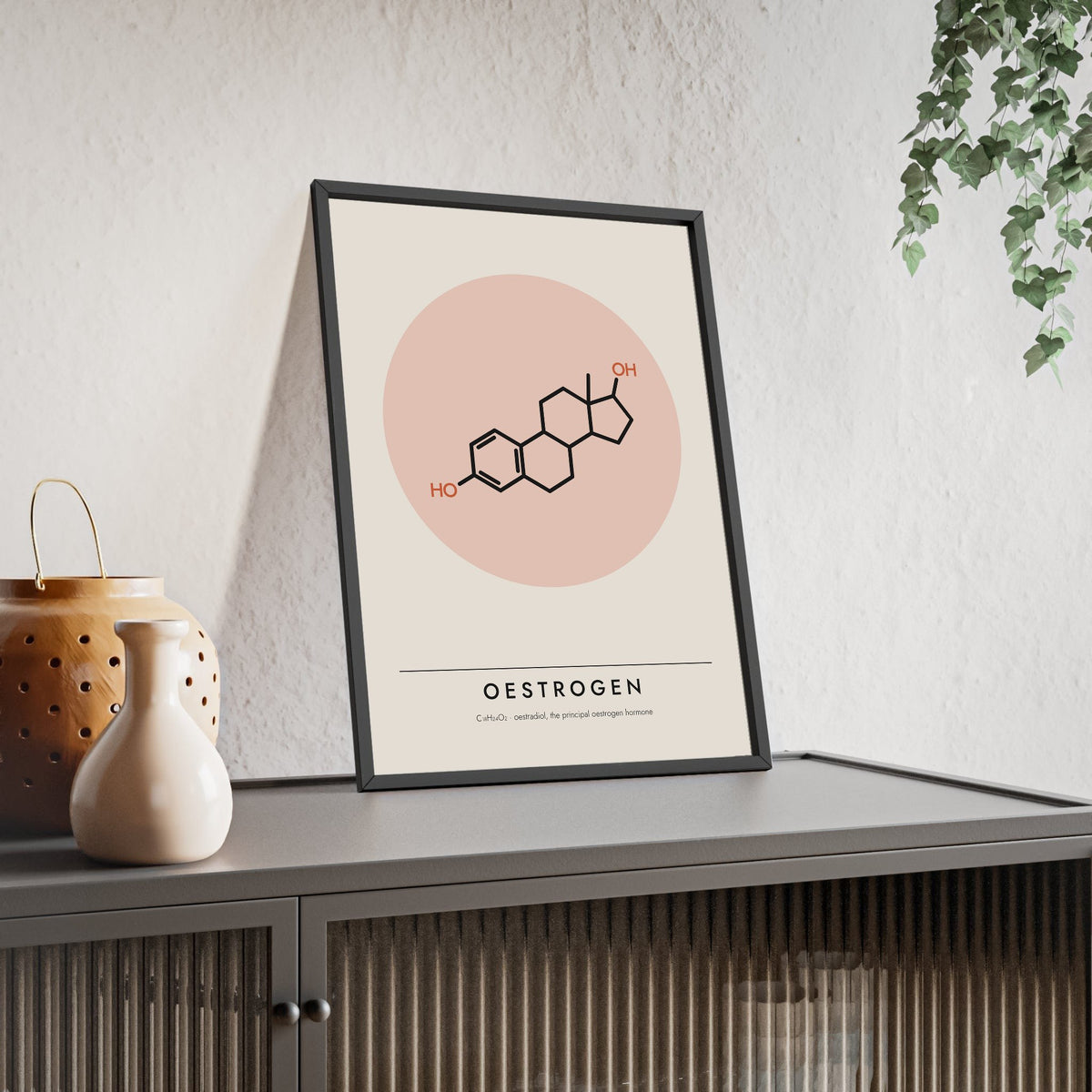 Oestrogen Molecule print framed and leaning on a sideboard