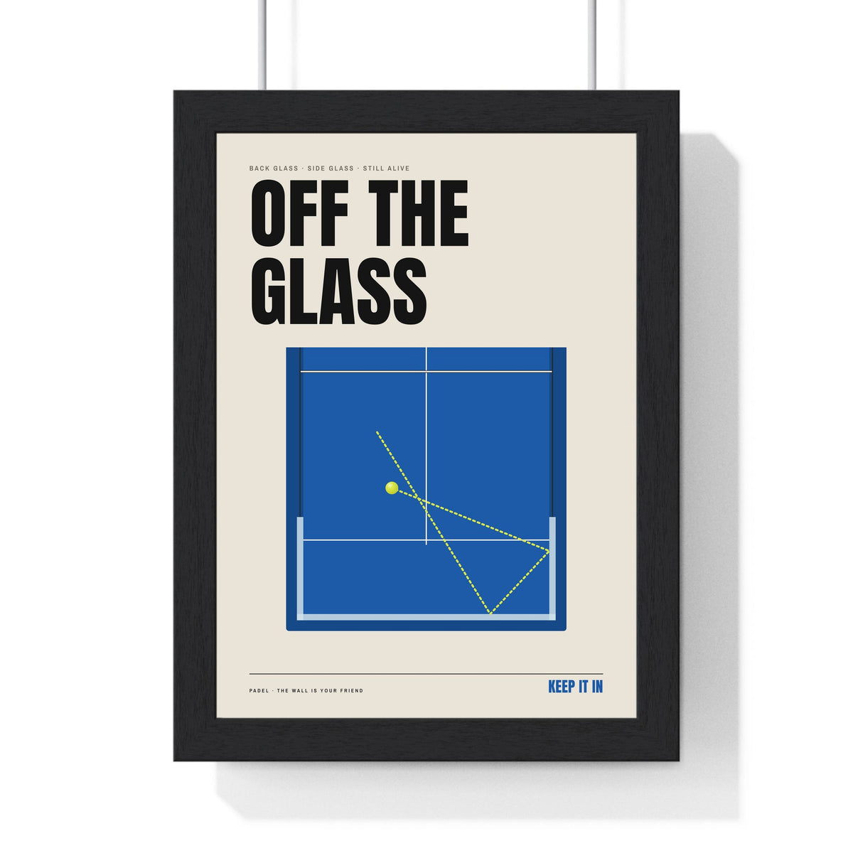 Off The Glass Padel print framed in a black frame, ready to hang
