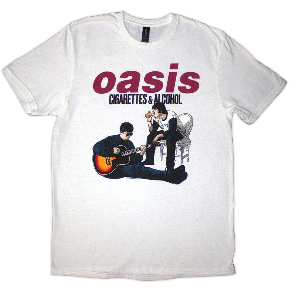 White t-shirt with Official Licensed Oasis Unisex : Cigarettes & Alcohol Illustration (White)