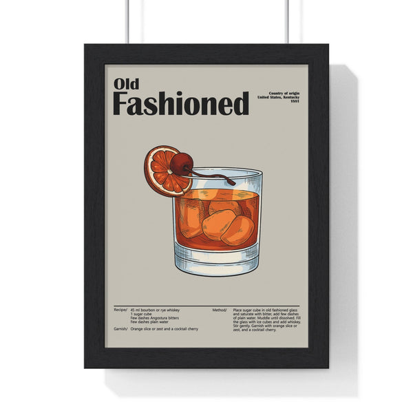 Old Fashioned cocktail poster framed showing vintage whiskey drink recipe and bold typography design