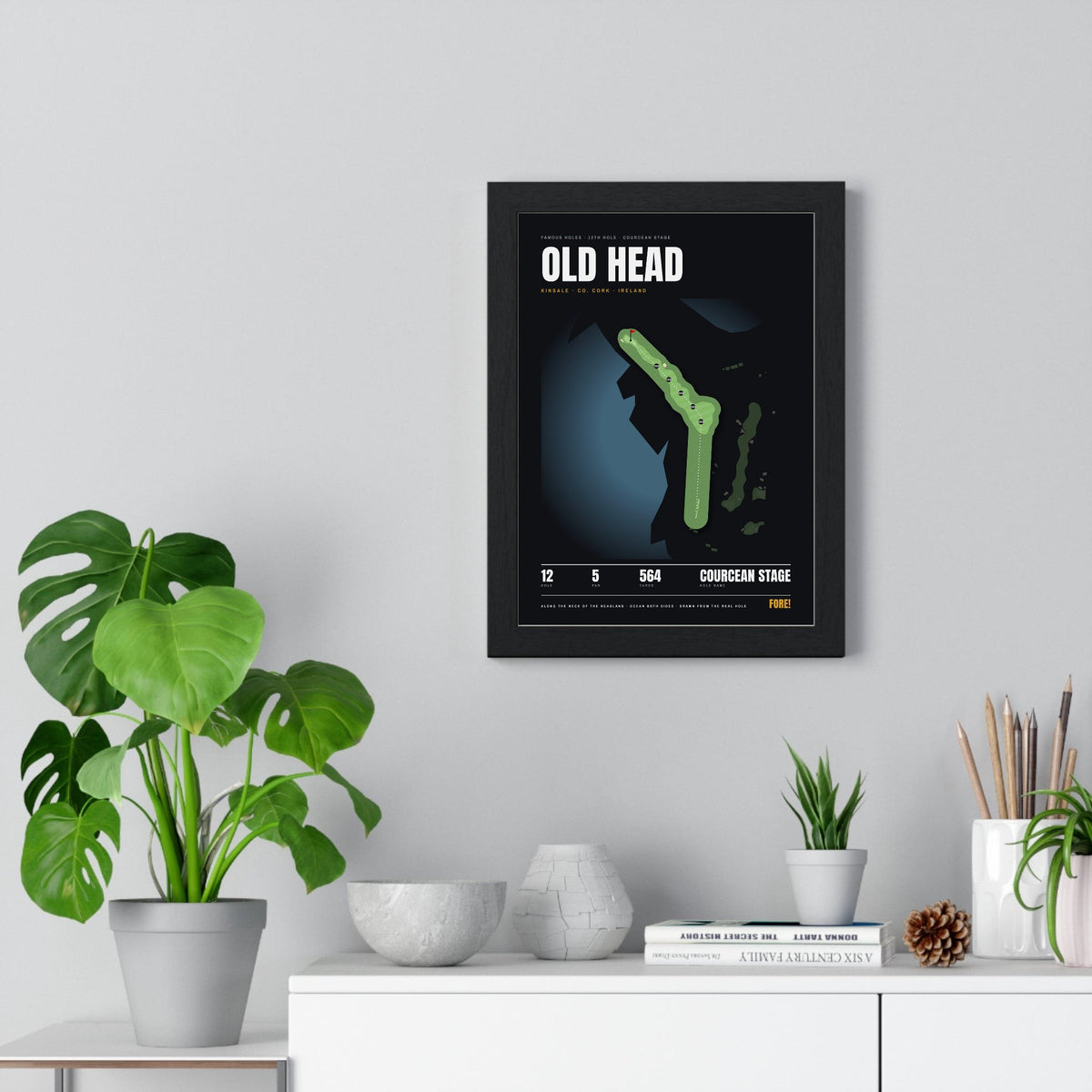 Old Head 12th Hole print framed on a living room wall