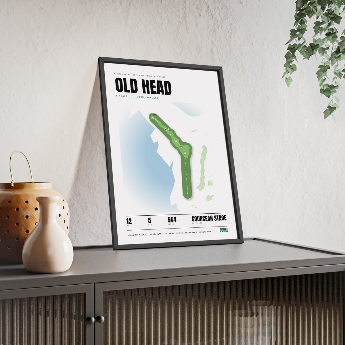 Old Head 12th Hole White print framed and leaning on a sideboard