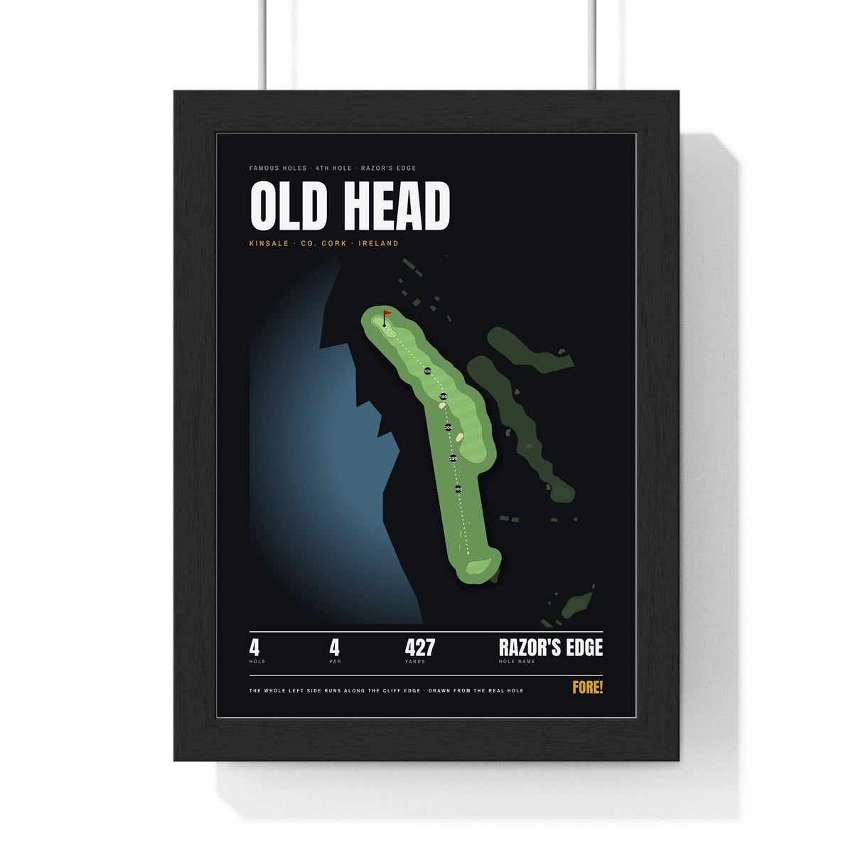 Old Head 4th Hole print framed in a black frame, ready to hang