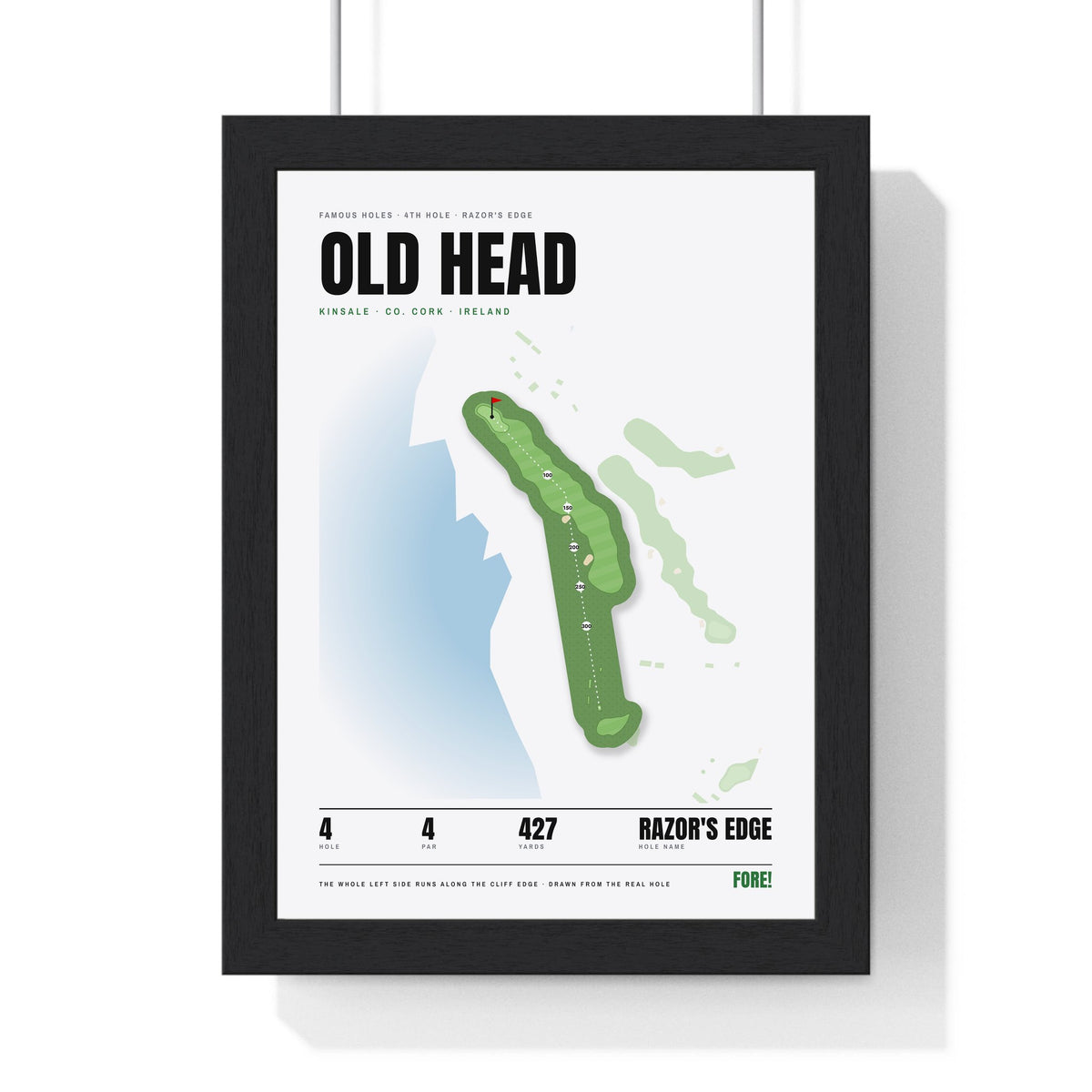 Old Head 4th Hole White print framed in a black frame, ready to hang