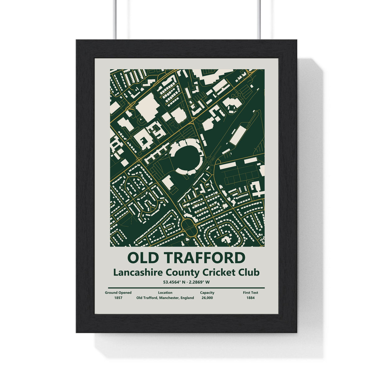 Old Trafford map print framed in a black frame, ready to hang