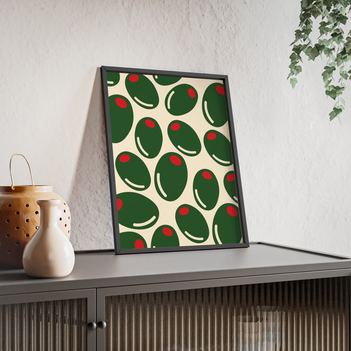 Framed Olive Pattern Kitchen Print - Mediterranean Food print