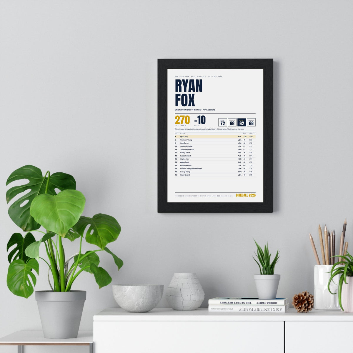 Ryan Fox Open 2026 print framed on a living room wall