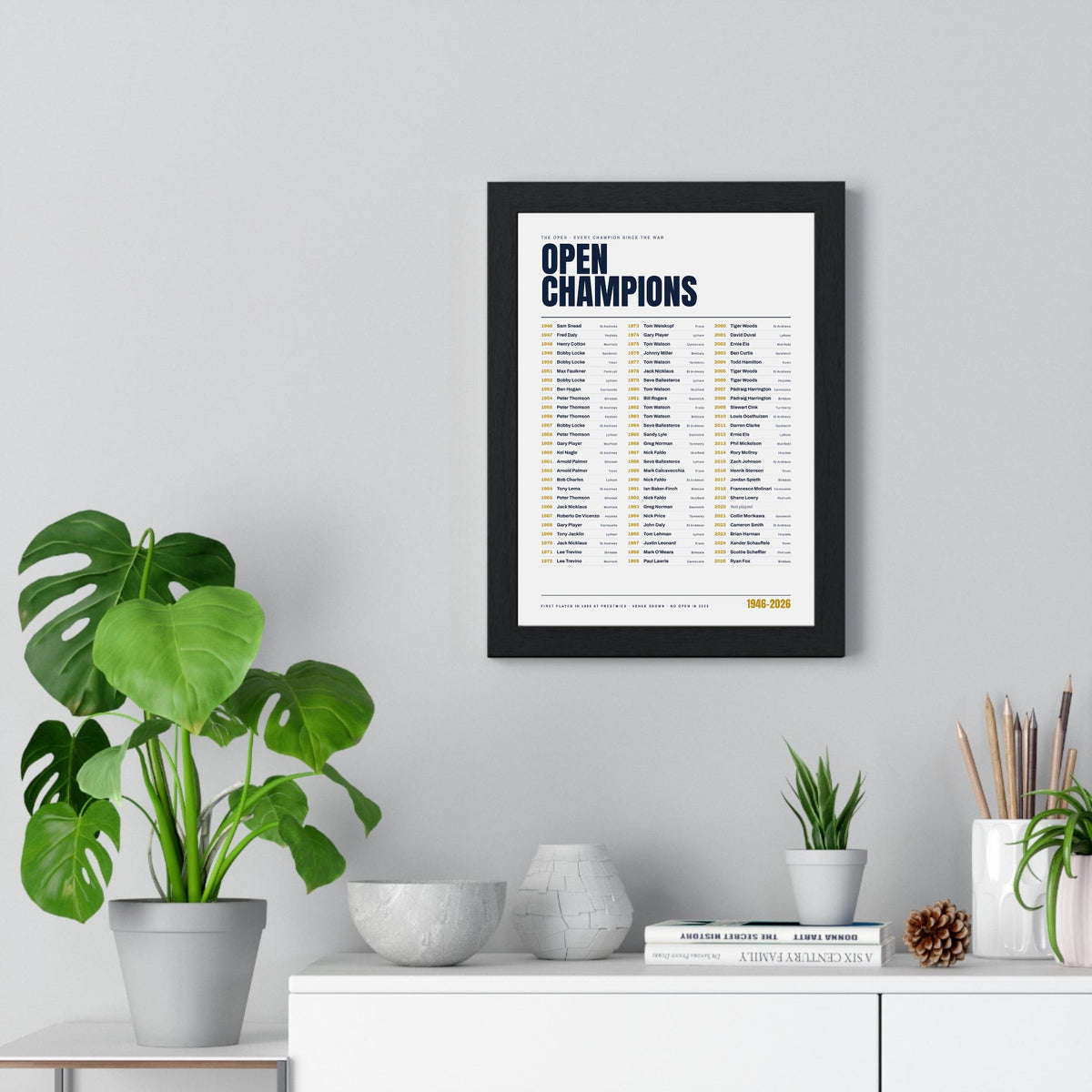 Open Champions Golf print framed on a living room wall