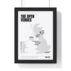 Open Championship Venues Map print framed in a black frame, ready to hang