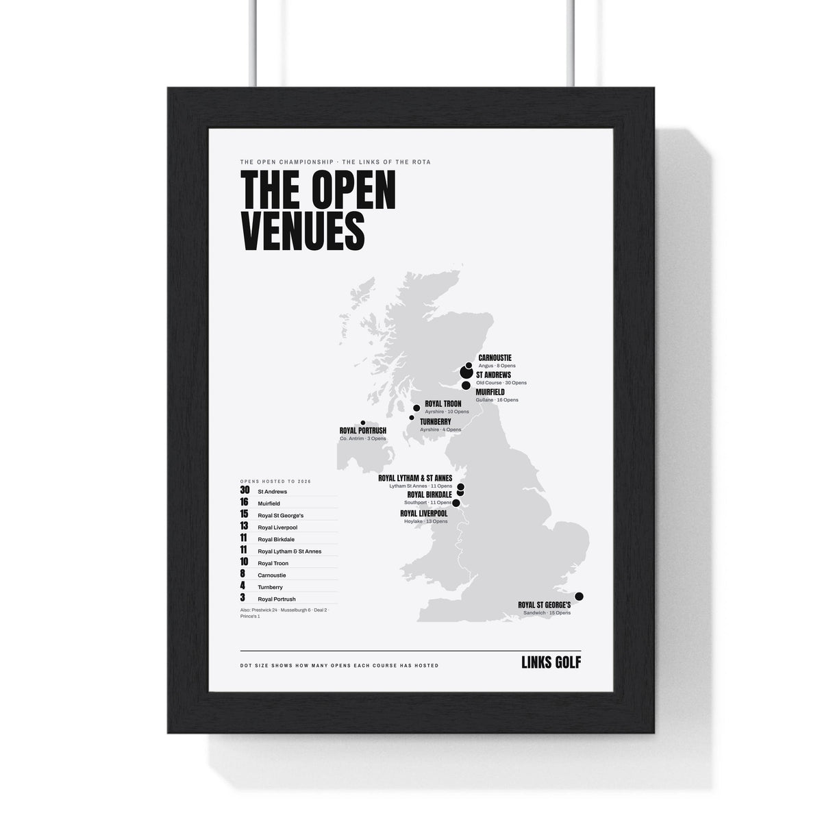 Open Championship Venues Map print framed in a black frame, ready to hang