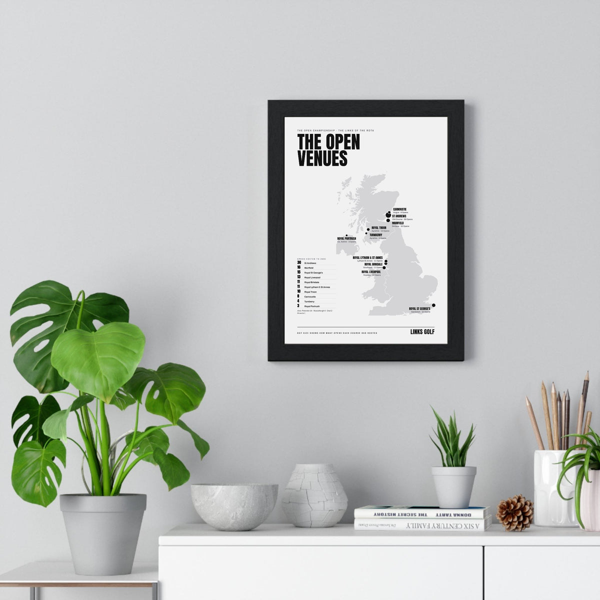 Open Championship Venues Map print framed on a living room wall