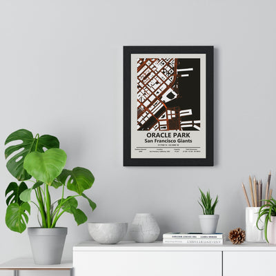Oracle Park map print framed on a living room wall