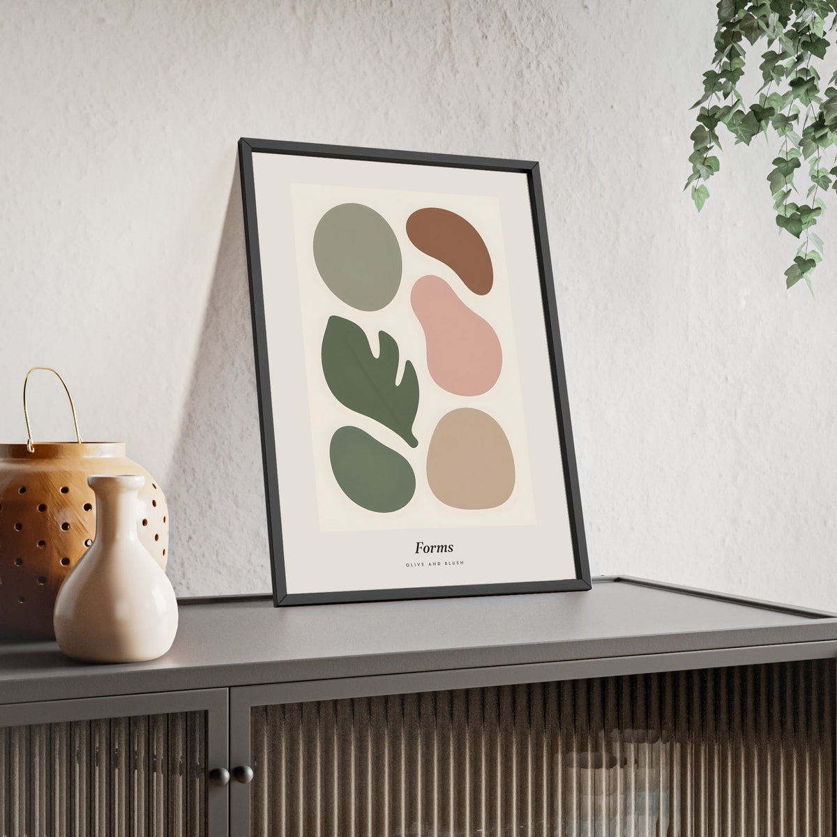 Organic Forms Abstract Print - Home Office Wall Art framed and leaning on a sideboard